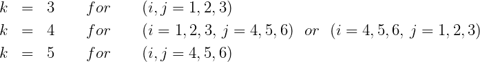 k  =   3     for     (i,j = 1, 2,3)
k  =   4     for     (i = 1,2, 3, j = 4,5,6 ) or (i = 4,5,6, j = 1,2,3)

k  =   5     for     (i,j = 4, 5,6)
